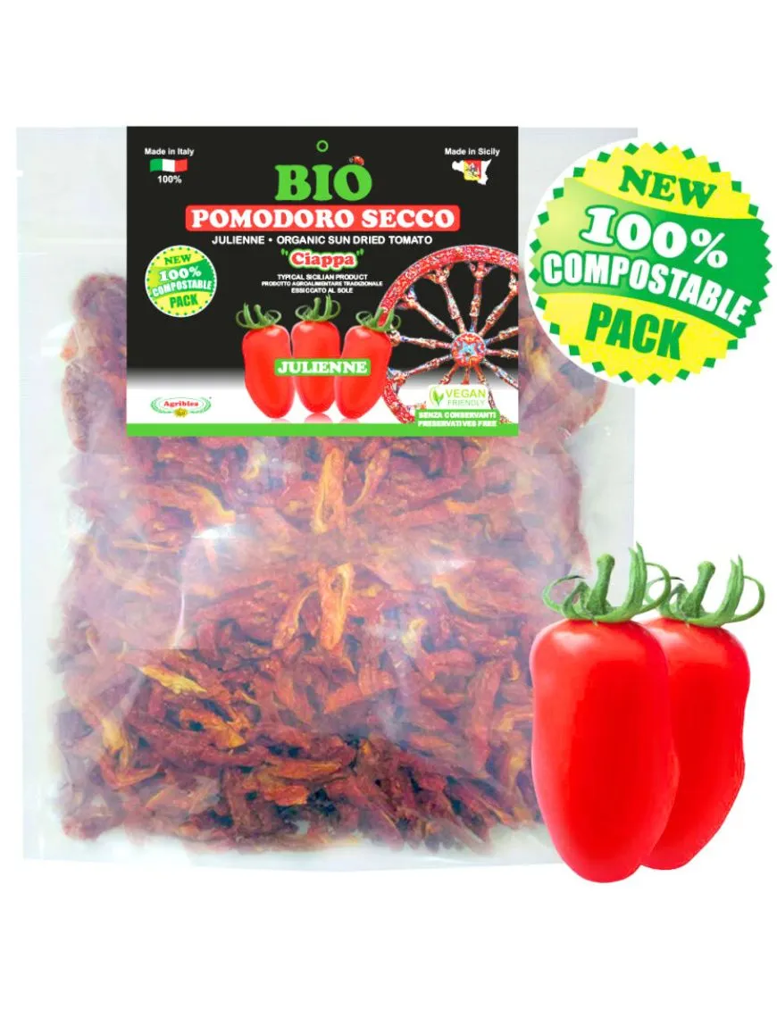 Organic Sicilian Tomato Ciappa cut into julienne strips in a convenient resealable sachet Organic Sicilian Tomato Ciappa cut into julienne strips in a convenient resealable sachet