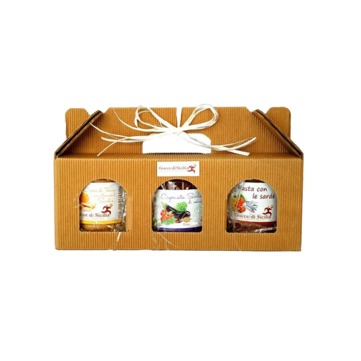 A trio of delicious Sicilian savory preserves in a gift box.