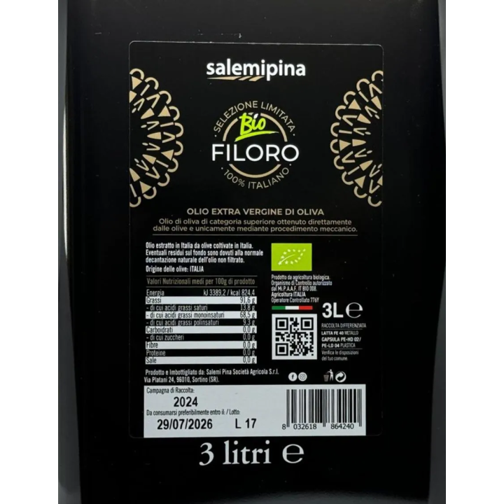 Vendita Olio Filoro Extravergine Biologico Latta da 3 litri