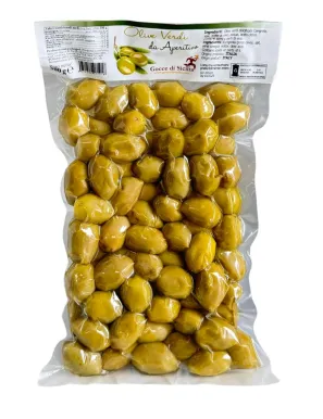 Green olives for aperitif, stored in 300g vacuum bag.