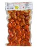 Green olives crushed and spicy seasoned, stored in 300g vacuum bag.