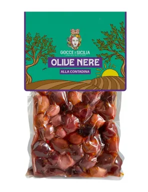 Black olives seasoned peasant style, stored in 300g vacuum bag.