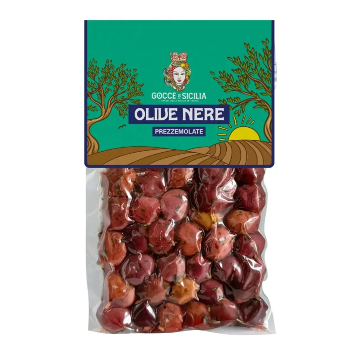 Black olives seasoned with parsley, stored in 300g vacuum bag.