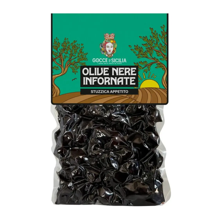 Black olives baked and seasoned, stored in 300g vacuum bag.