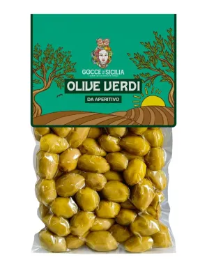 Green olives for aperitif, stored in 300g vacuum bag.