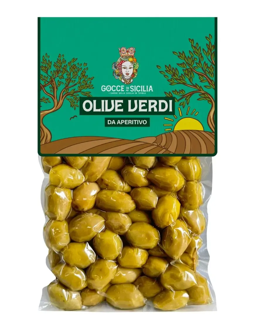 Green olives for aperitif, stored in 300g vacuum bag.