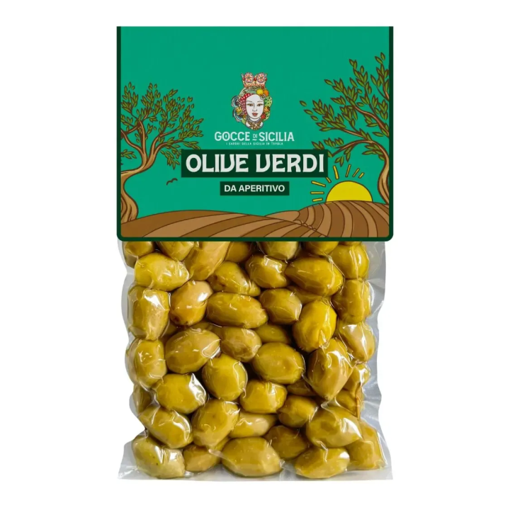 Green olives for aperitif, stored in 300g vacuum bag.