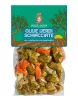 Green olives crushed and seasoned with giardiniera, stored in 300g vacuum bag.