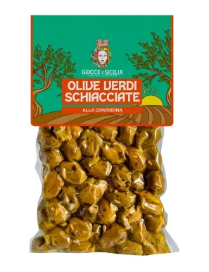 Green olives crushed and seasoned peasant style, stored in 300g vacuum bag.