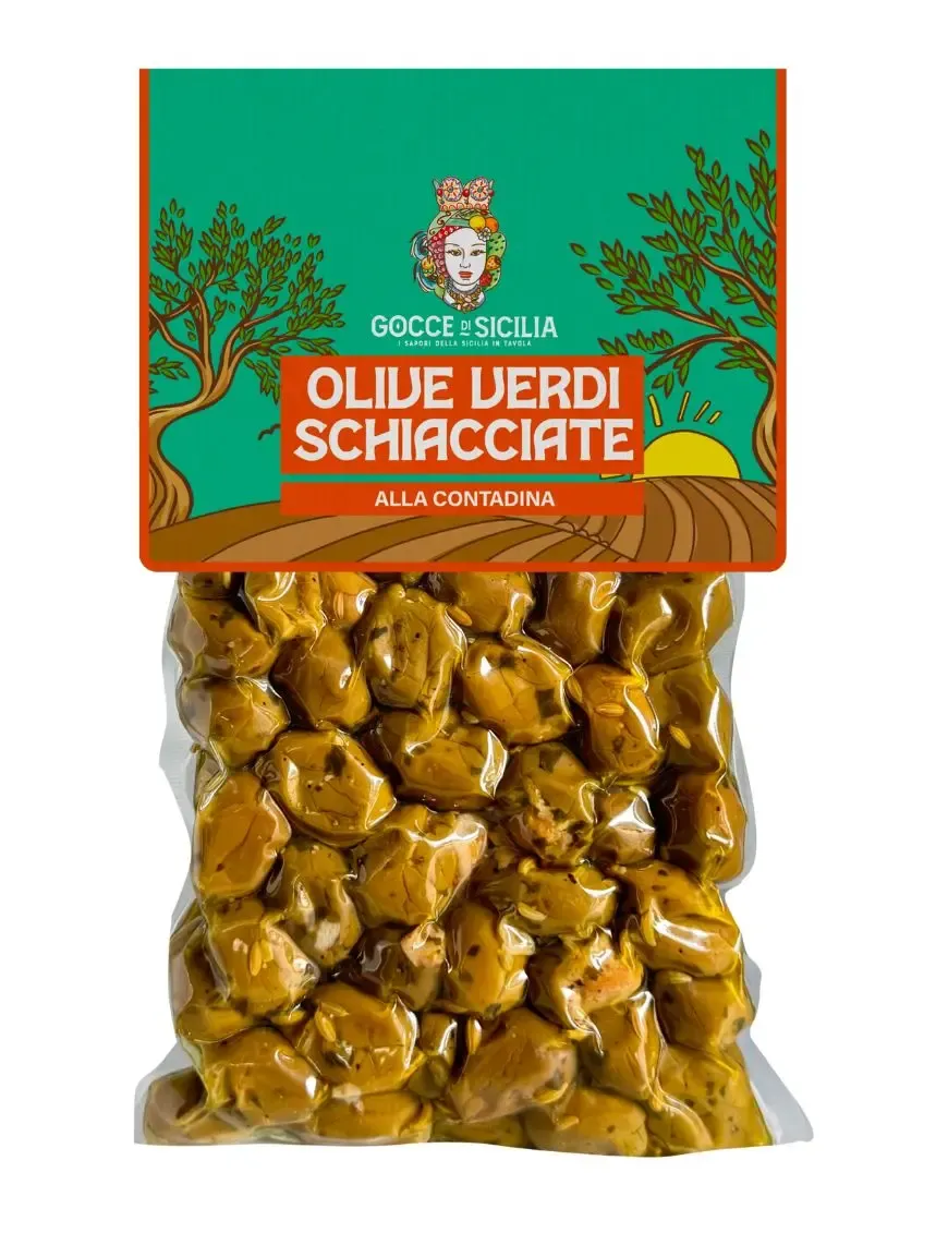 Olive verdi schiacciate condite alla siciliana con aromi naturali e peperoncino