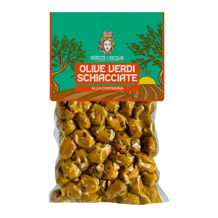Green olives crushed and seasoned peasant style, stored in 300g vacuum bag.