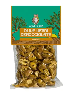 Delicate pitted Green Olives, stored in 300g vacuum bag.