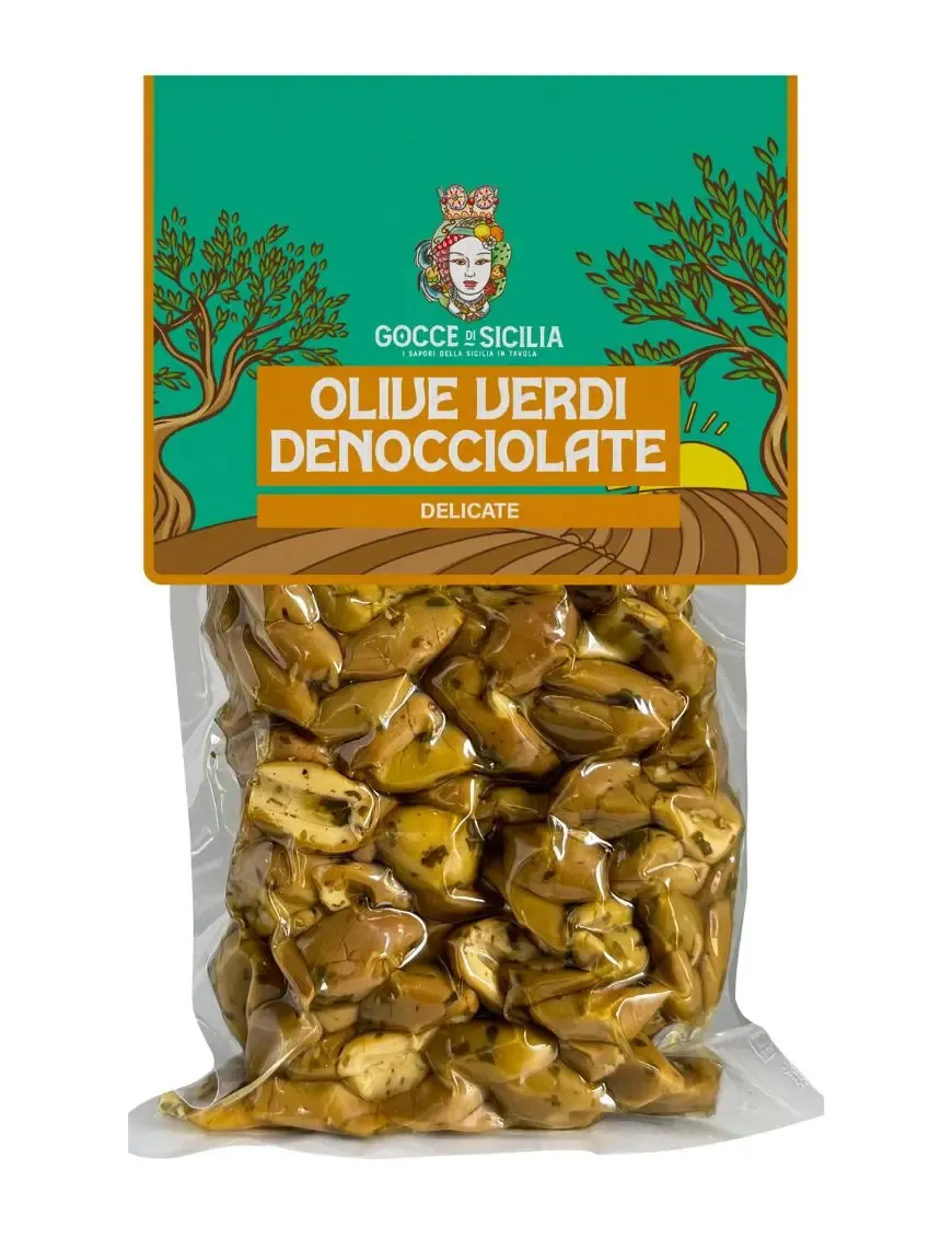 Olive verdi a metà, senza nocciolo con aromi