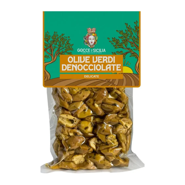 Olive verdi a metà, senza nocciolo con aromi