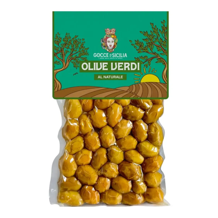 Natural Green Olives, stored in 300g vacuum bag.