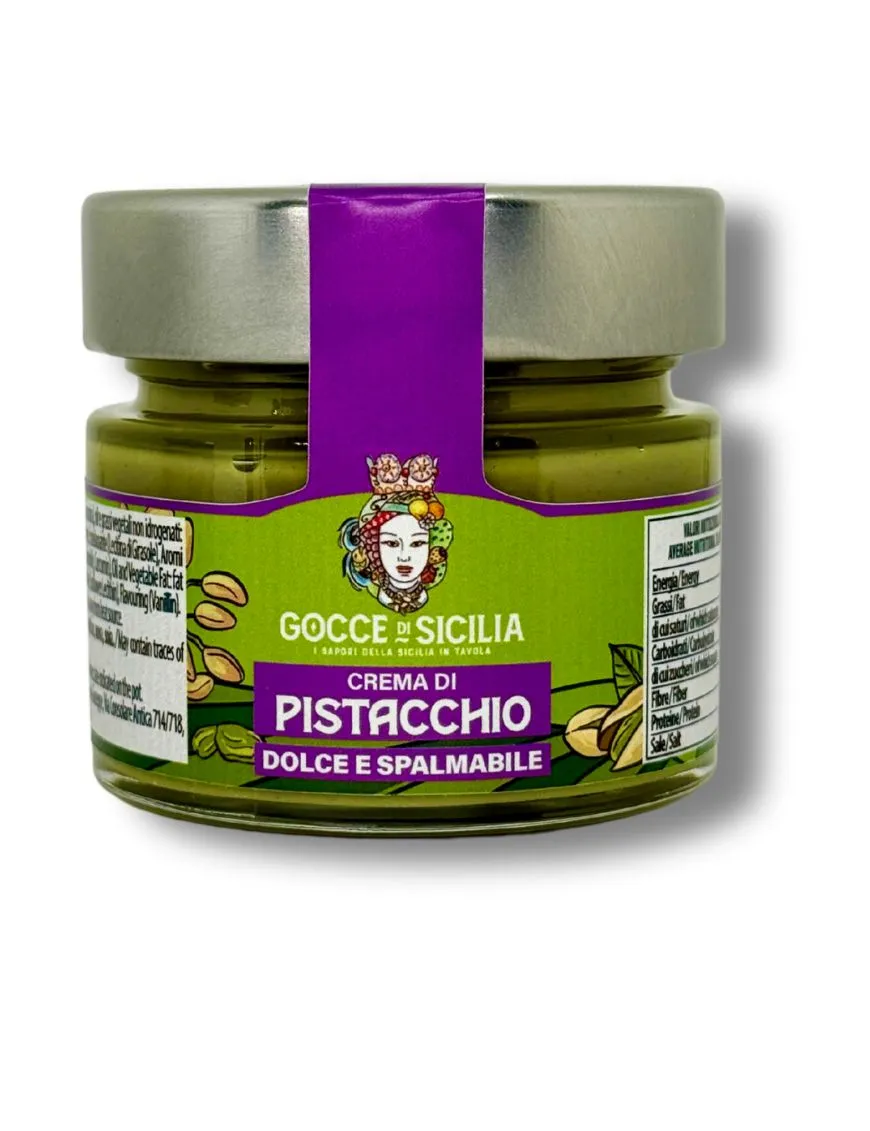 Crema dolce spalmabile col 30% di pistacchio, vasetto da 90 grammi.