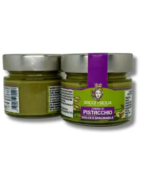 Sweet spreadable cream with 45% pistachio, 90 gram jar.