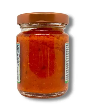 Sweet bell peppers pate spread on bread or bruschetta.