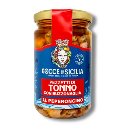 Pezzetti di tonno lavorati a mano e buzzonaglia in olio di oliva e peperoncino