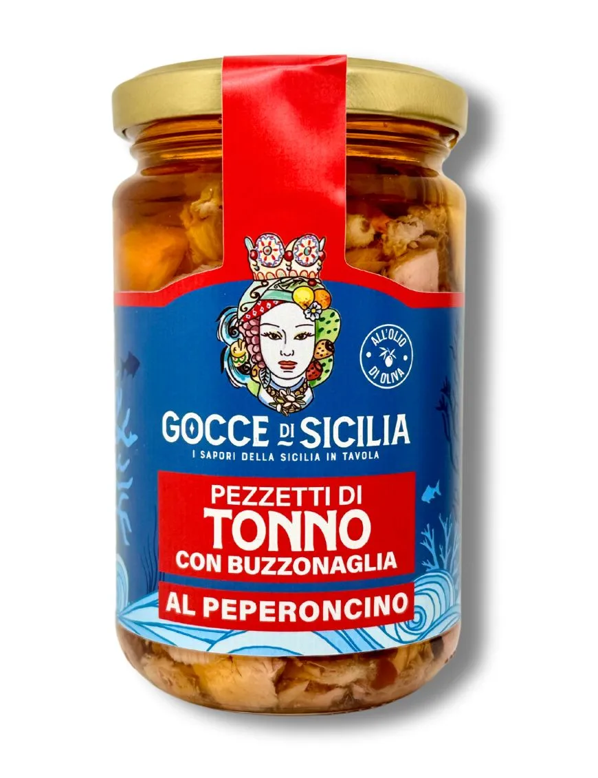 Pezzetti di tonno lavorati a mano e buzzonaglia in olio di oliva e peperoncino