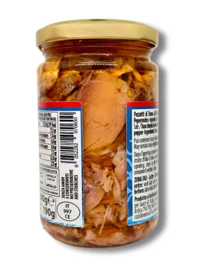 Pezzetti di tonno lavorati a mano e buzzonaglia in olio di oliva e peperoncino