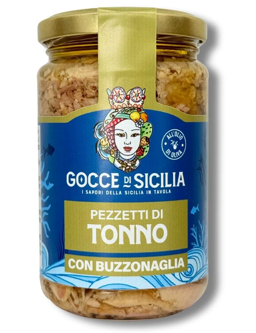 Pezzetti di tonno lavorati a mano e buzzonaglia in olio di oliva