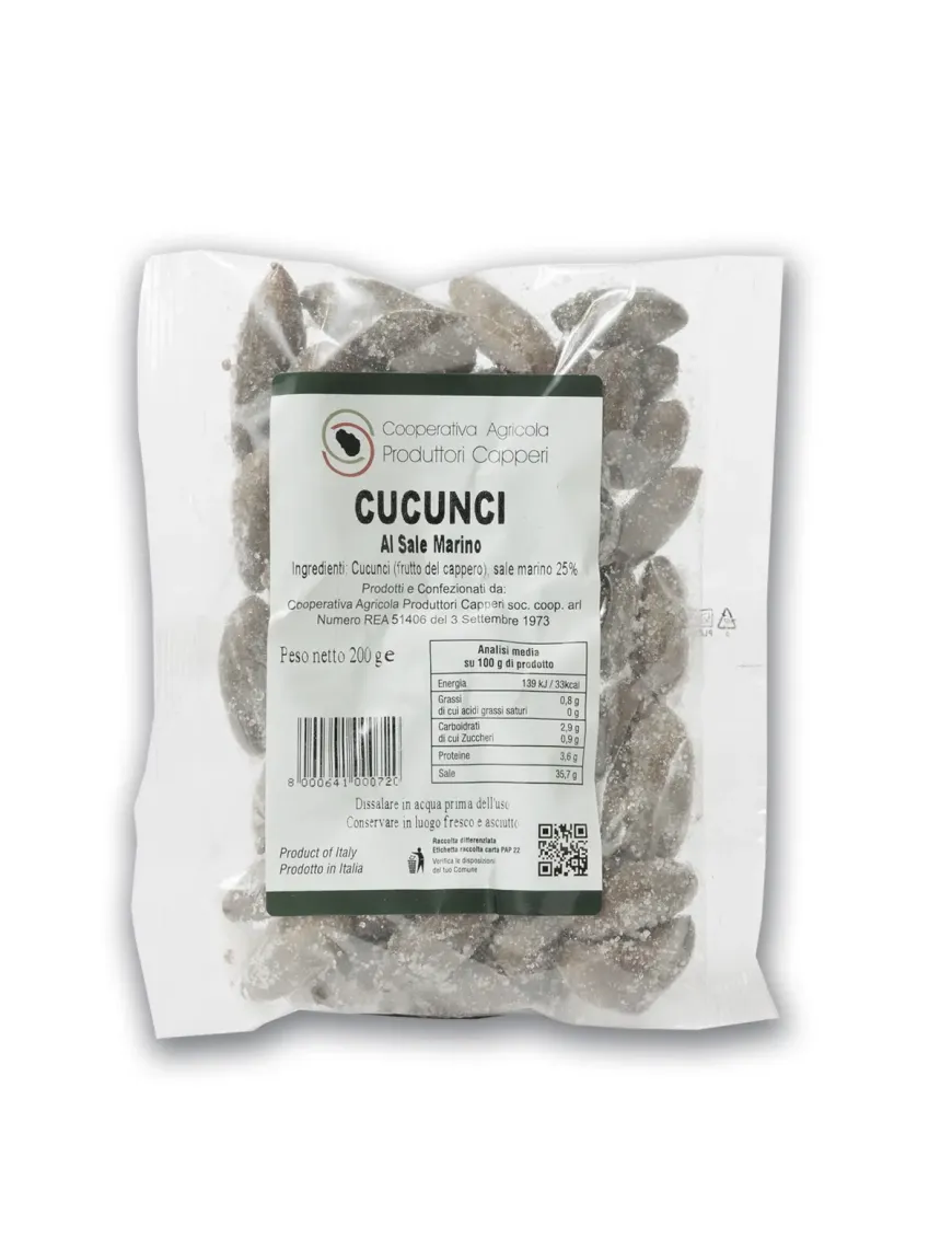 Cucunci fruits of the caper in salt in a bag of 200 gr. Cucunci fruits of the caper in salt in a bag of 200 gr.