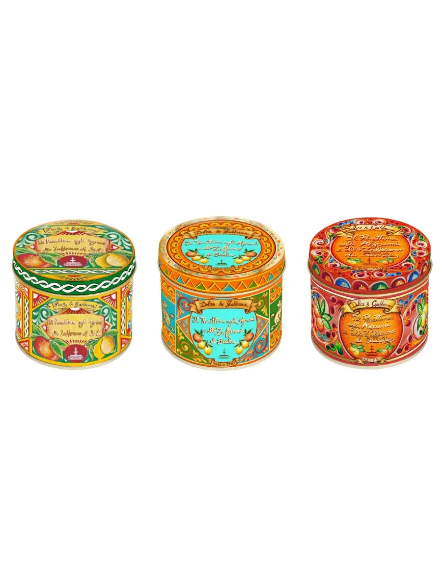 Traditional and delicious cake with Sicilian Citrus fruits and Saffron in a tin By D&G. - 100 g Traditional and delicious cake with Sicilian Citrus fruits and Saffron in a tin By D&G. - 100 g