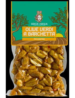 Olive Verdi denocciolate piccantine tagliate a barchetta e conservate in buste sottovuoto da 300g