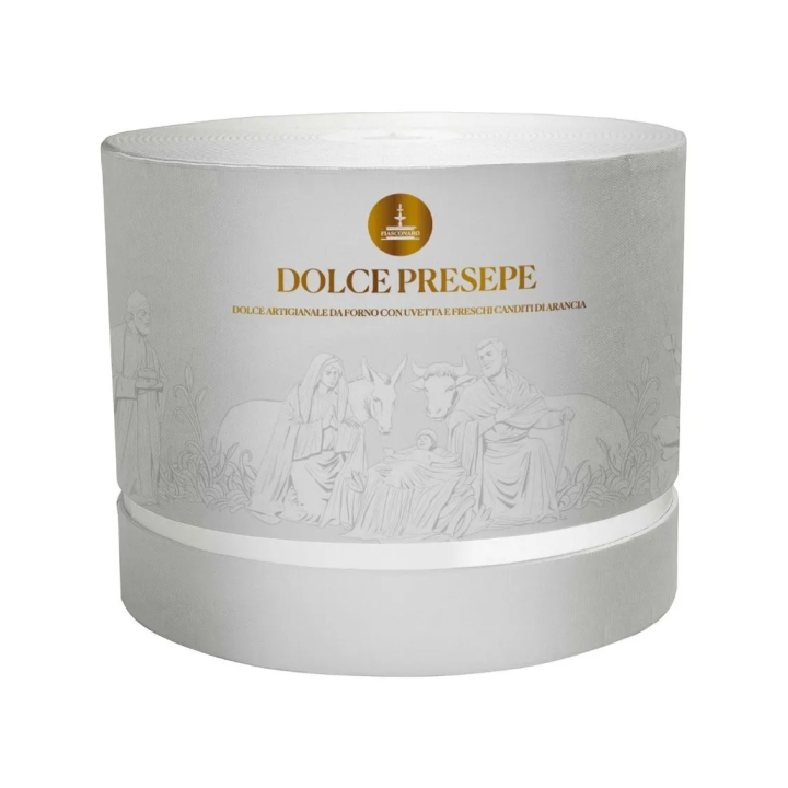 Dolce Presepe, Panettone artigianale con canditi e uvetta con la rappresentazione della natività.