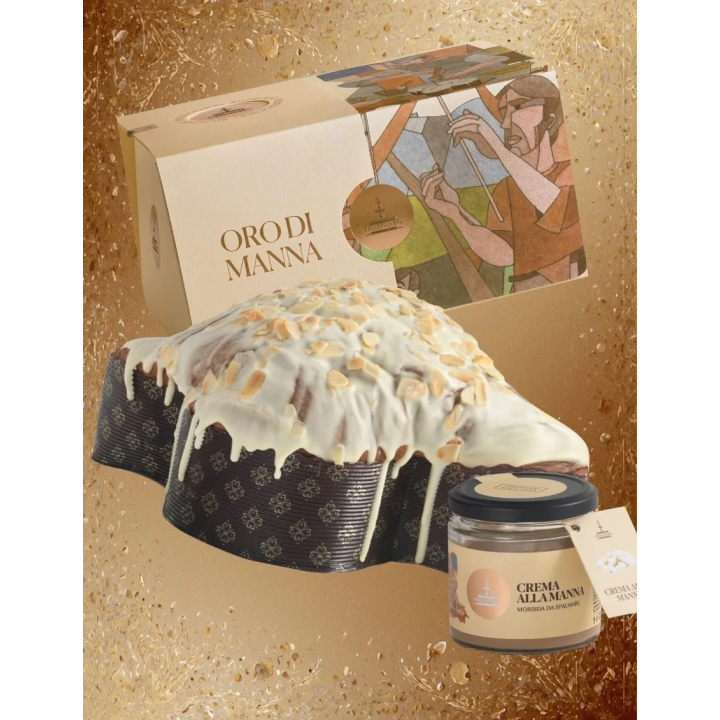 Colomba Oro di Manna Fiasconaro, with a jar of Manna cream