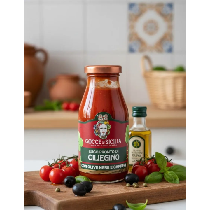 Sugo pronto di Pomodoro Ciliegino con Olive nere e Capperi