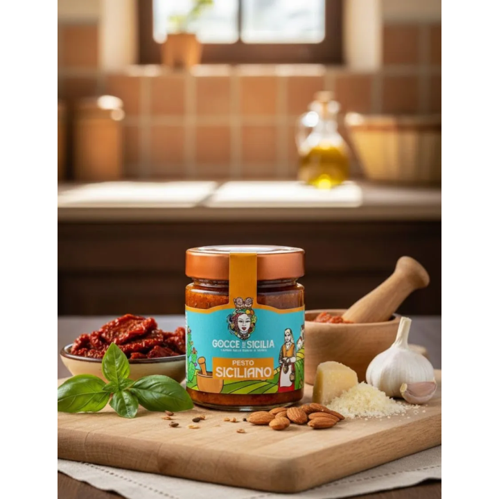 Pesto alla siciliana originale in vaso da 190 grammi.