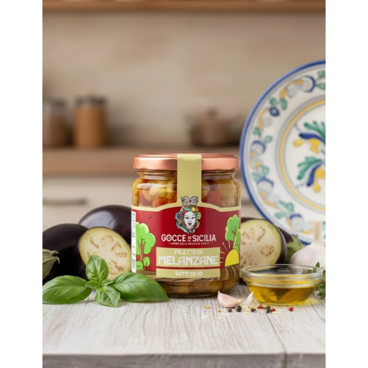 Sicilian-style seasoned eggplants cut into small pieces in oil