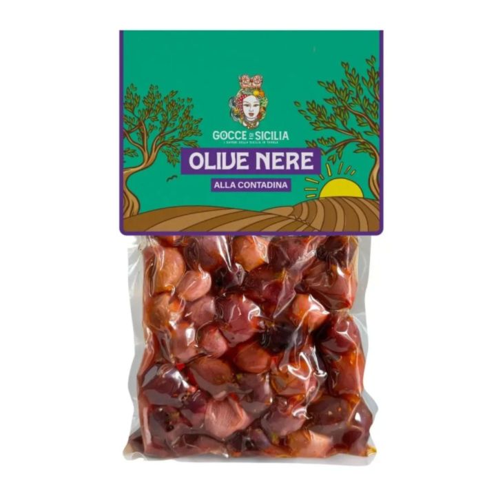 Olive nere condite alla contadina, conservate in buste sottovuoto da 300g