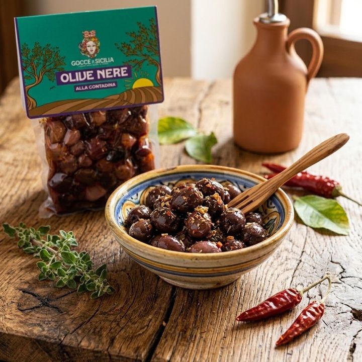 Olive nere condite alla contadina, conservate in buste sottovuoto da 300g