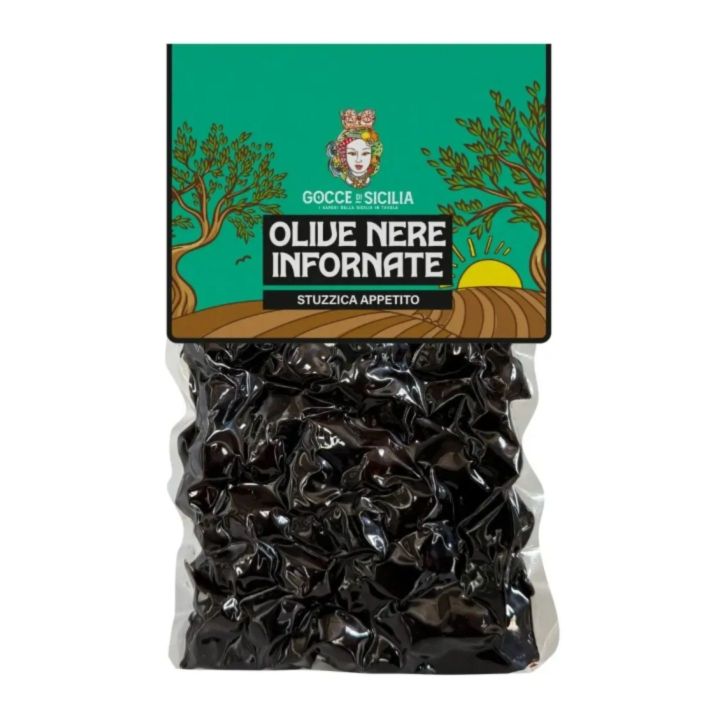 Black olives baked and seasoned, stored in 300g vacuum bag.