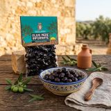 Olive nere infornate e condite con olio, conservate in buste sottovuoto da 300g