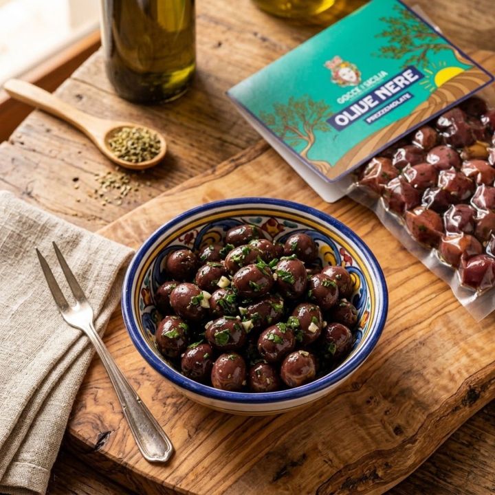 Black olives seasoned with parsley, stored in 300g vacuum bag.