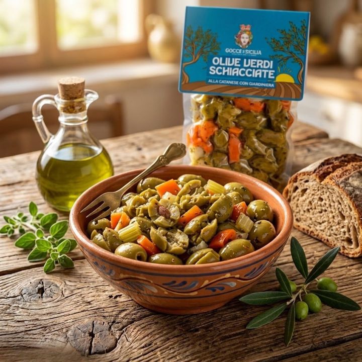 Green olives crushed and seasoned with giardiniera, stored in 300g vacuum bag.