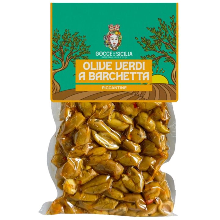 Olive Verdi denocciolate piccantine tagliate a barchetta e conservate in buste sottovuoto da 300g