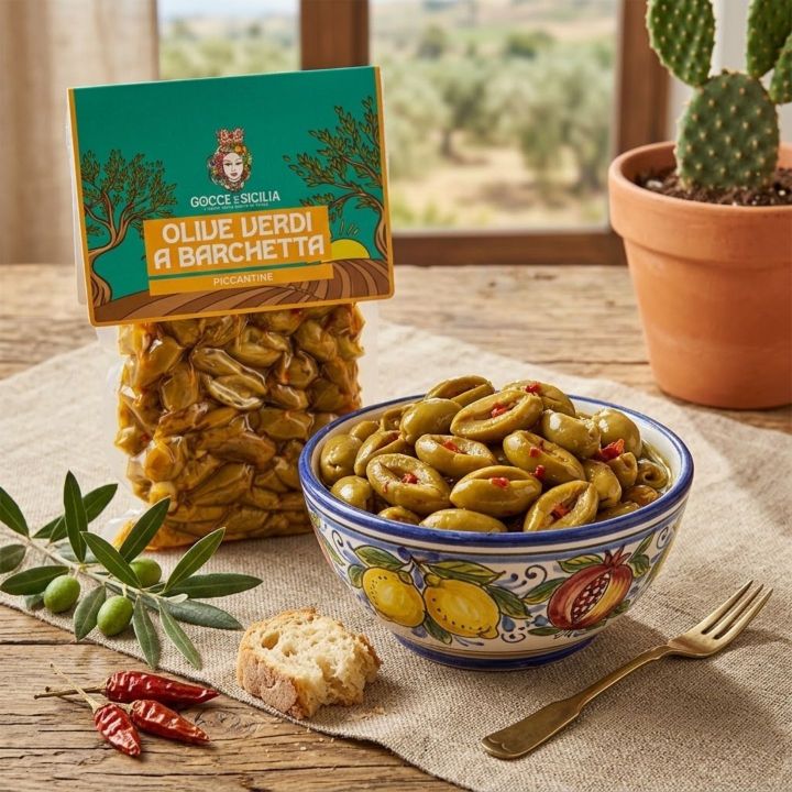 Olive Verdi denocciolate piccantine tagliate a barchetta e conservate in buste sottovuoto da 300g
