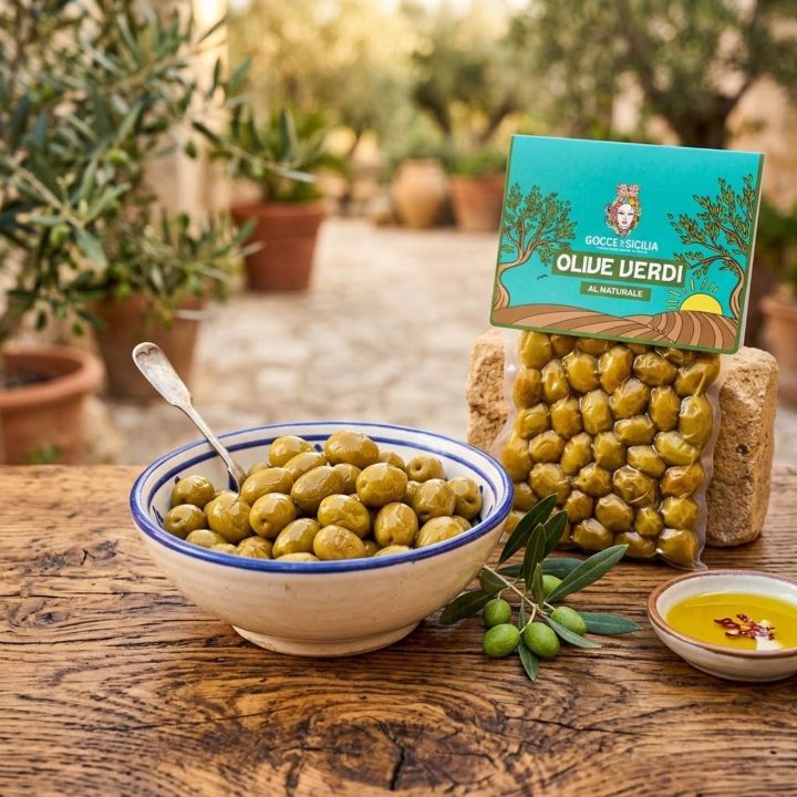 Natural Green Olives, stored in 300g vacuum bag.