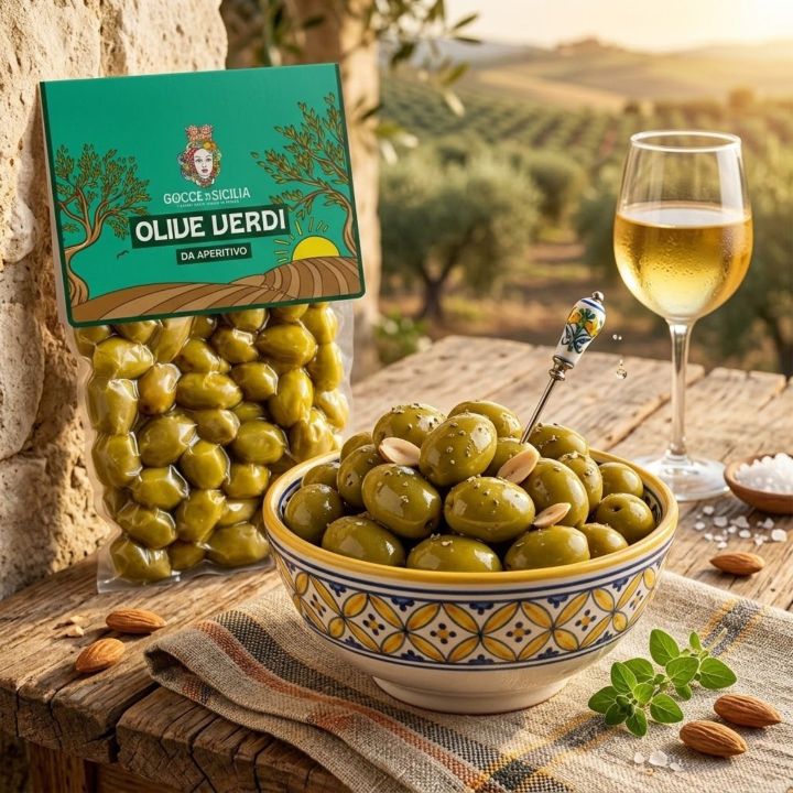 Succose Olive verdi da aperitivo conservate in buste sottovuoto da 300g