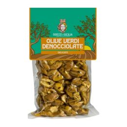 Olive verdi denocciolate delicate, conservate in buste sottovuoto da 300g