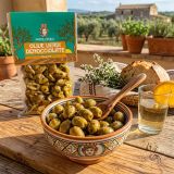 Delicate pitted Green Olives, stored in 300g vacuum bag.