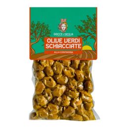 Green olives crushed and seasoned peasant style, stored in 300g vacuum bag.