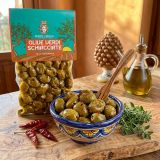 Olive verdi schiacciate e condite alla contadina, conservate in buste sottovuoto da 300g
