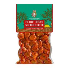 Olive verdi schiacciate e piccanti, conservate in buste sottovuoto da 300g