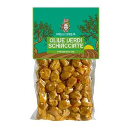 Olive verdi schiacciate prezzemolate, conservate in buste sottovuoto da 300g